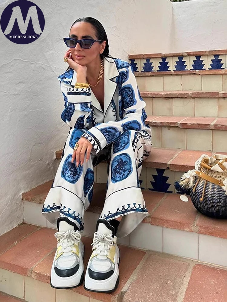Women's Casual Two-Piece Set Spring Summer High Waist Wide Leg Pants with Long Sleeve Printed Top Fashionable Loose Fit Outfit