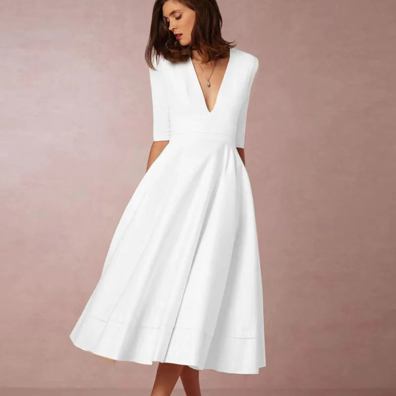 New Women Dress Long Fashion Vacation Party Dresses Short Sleeve V-neck Slit Solid High Quality Vestidos Femme 2024