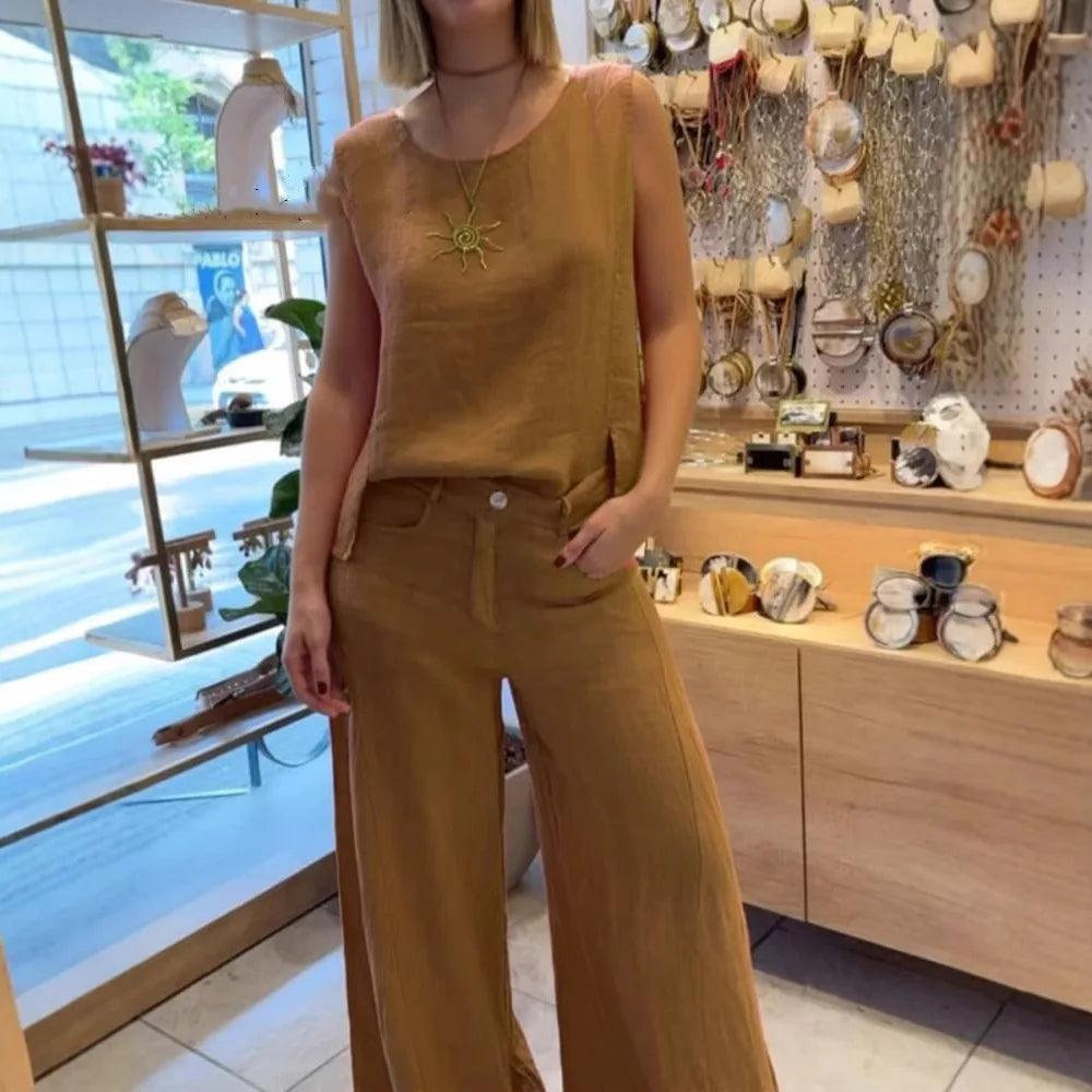 2025 New Summer Women's Suit Vest Pullover Top Button Trousers Simple Casual Street Fashion 2-piece Set for Female
