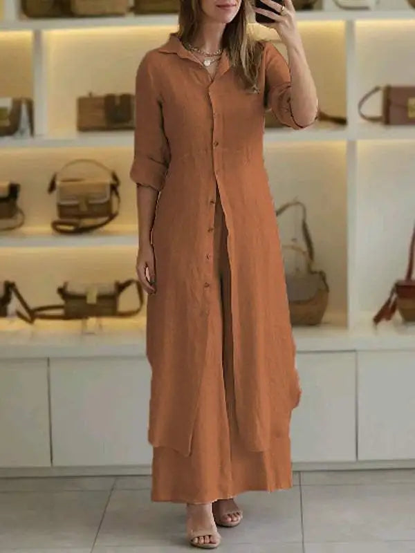2024 New Product Women's Summer And Autumn Urban Elegant Cotton Hemp Slimming Waist Long Shirt Wide Leg Pants Two Piece Set