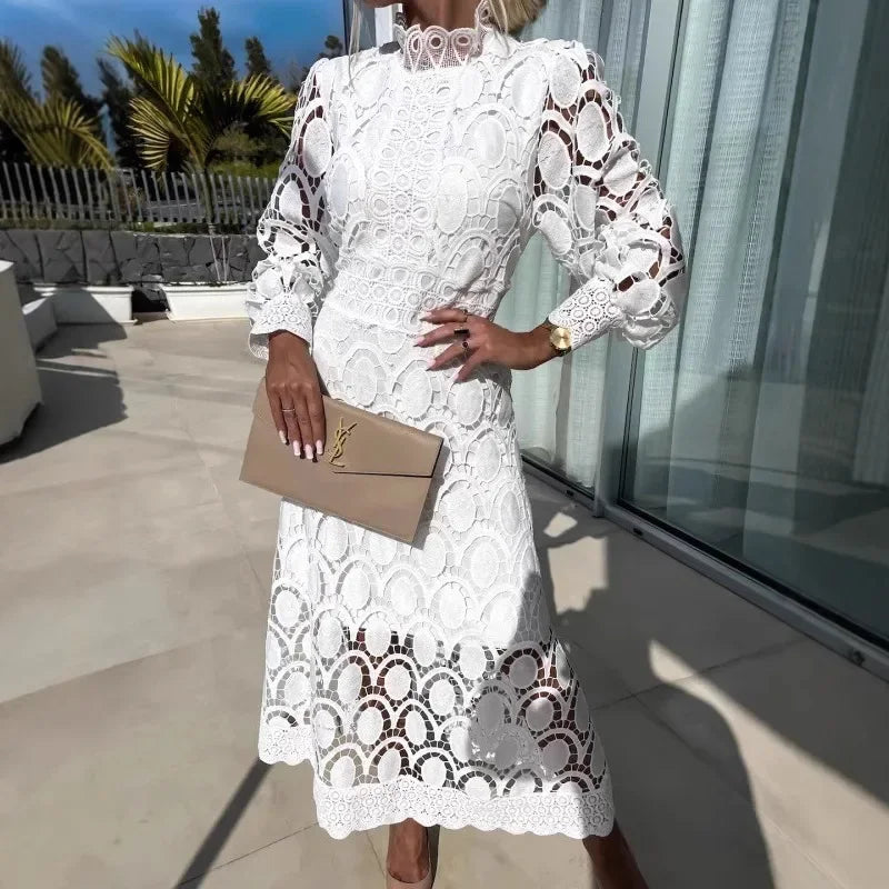 Slimming Long Dress Hot Sale Of The Season New Lace Stand Collar Splice Ruffle Bubble Sleeve Gathered Waist Big Skirt A- Line Mi