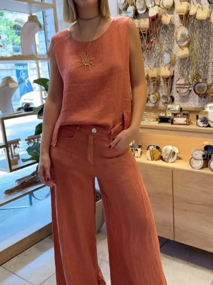 2025 New Summer Women's Suit Vest Pullover Top Button Trousers Simple Casual Street Fashion 2-piece Set for Female