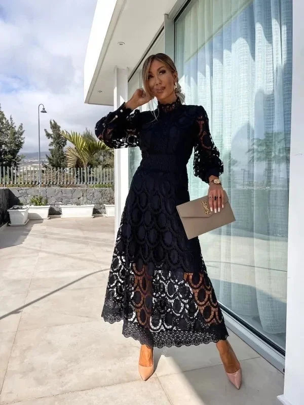Slimming Long Dress Hot Sale Of The Season New Lace Stand Collar Splice Ruffle Bubble Sleeve Gathered Waist Big Skirt A- Line Mi