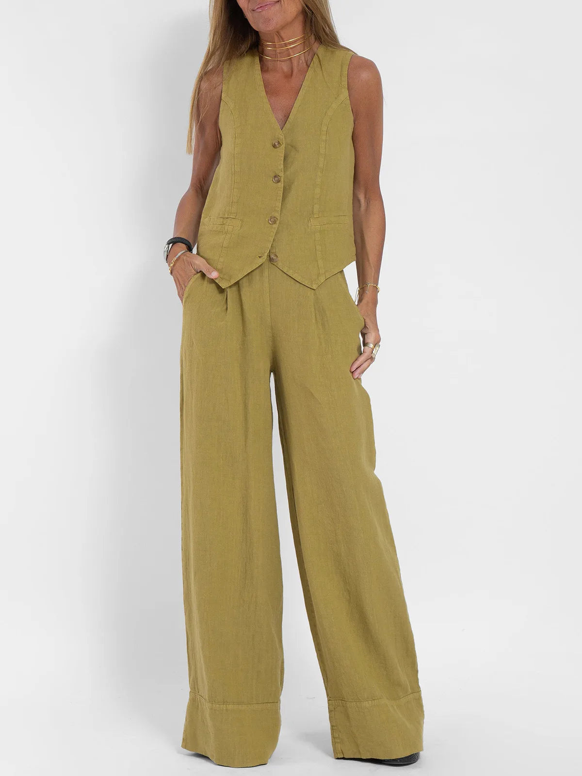 Women's Clothing 2024 Spring Summer New Fashionable Vest Pants Collage Splicing Pure Sleeveless Color Temperament Casual Suit