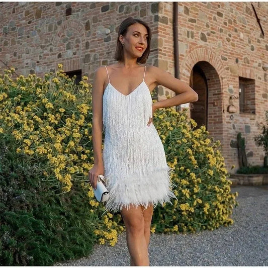 2024 Fashionable Multi-Color Fringed Sequins Tank Top Sexy V-Neck Gown Dress For Birthday Party With Feather Splice Design