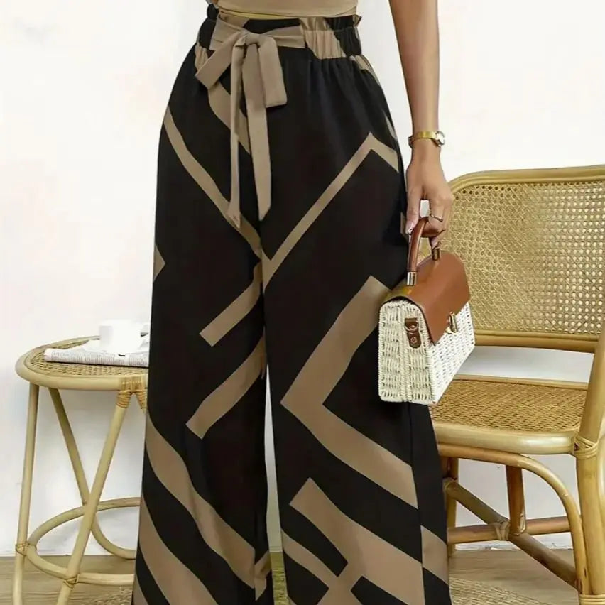 Geometric Pattern Print Wide Leg Pants Casual Loose Bow Front High Waist Pants For Every Day, Women's Clothing