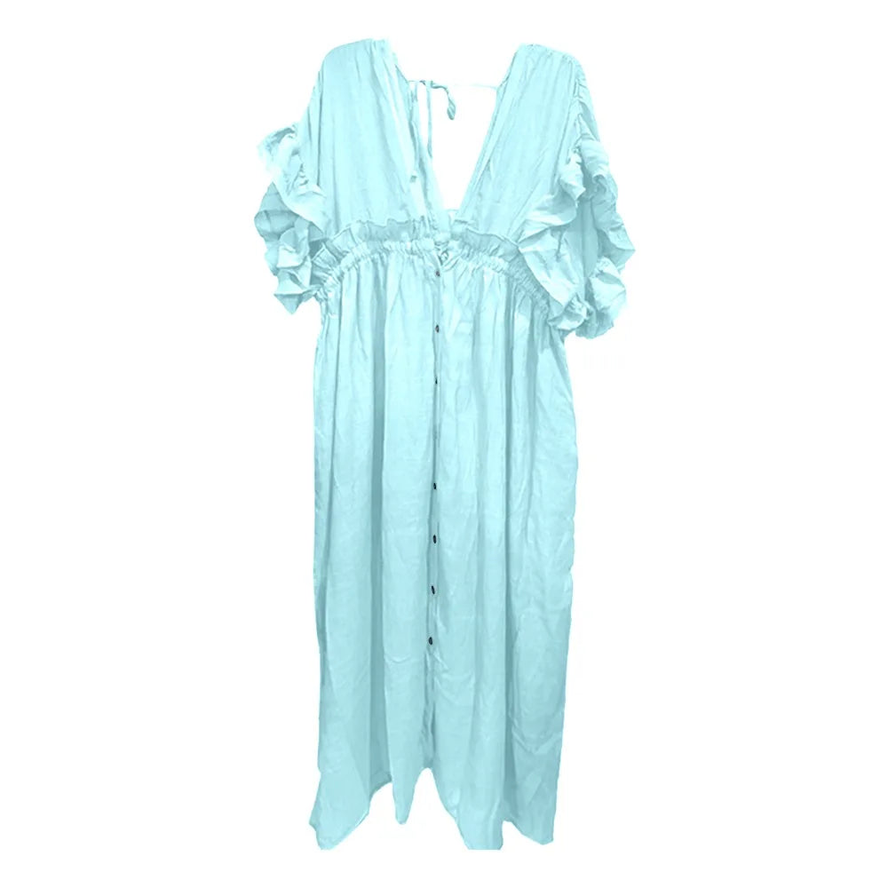 Fashion V Neck Summer Sunscreen Smock Loose Casual Beachwear Shirt Bathing Suit Long Swimsuit Cover Up Dress for Women