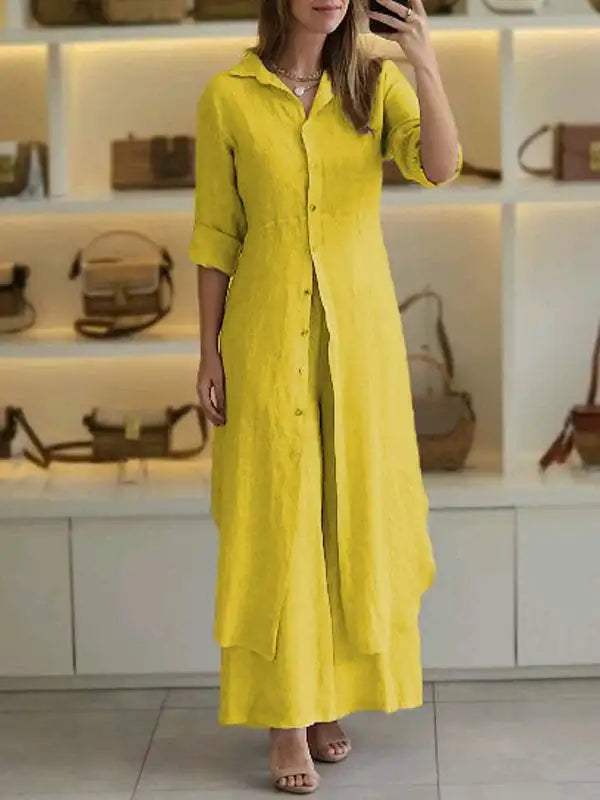 2024 New Product Women's Summer And Autumn Urban Elegant Cotton Hemp Slimming Waist Long Shirt Wide Leg Pants Two Piece Set