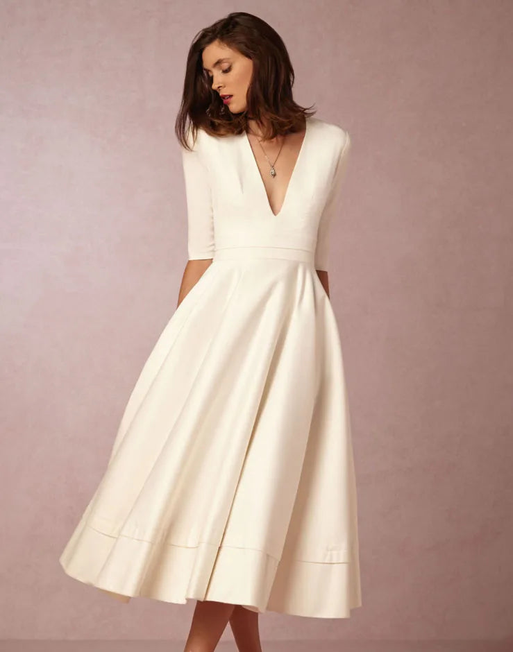 New Women Dress Long Fashion Vacation Party Dresses Short Sleeve V-neck Slit Solid High Quality Vestidos Femme 2024