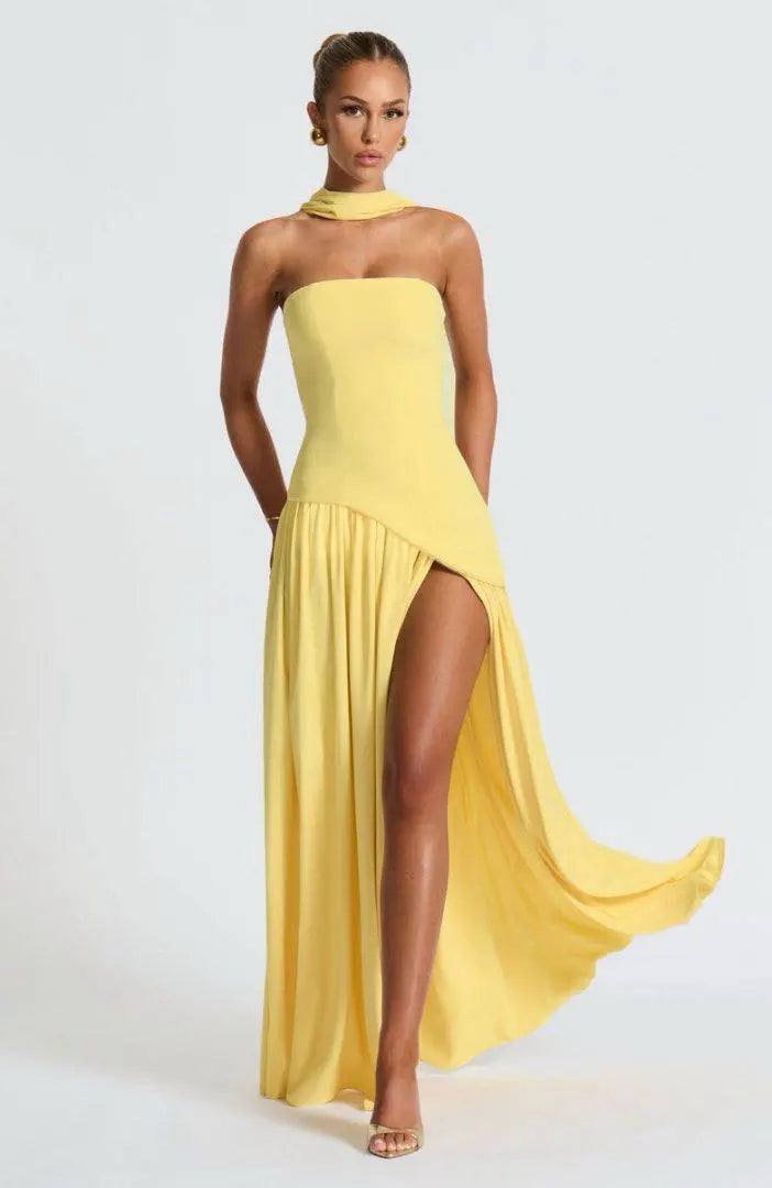 Summer Elegant Fashion Sexy Slit Backless Evening Party Ceremony Flowy Long Dresses For Women Dress With Scarf