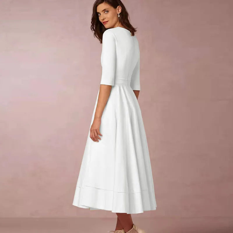 New Women Dress Long Fashion Vacation Party Dresses Short Sleeve V-neck Slit Solid High Quality Vestidos Femme 2024