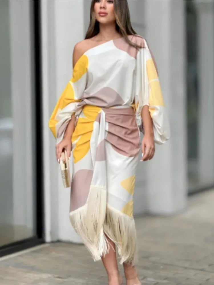 Fashionable Fringed Printed Women Skirt Two-piece Set Spring Autumn Elegant Slanted Collar Mid Length Sleeve Women's Skirt Set