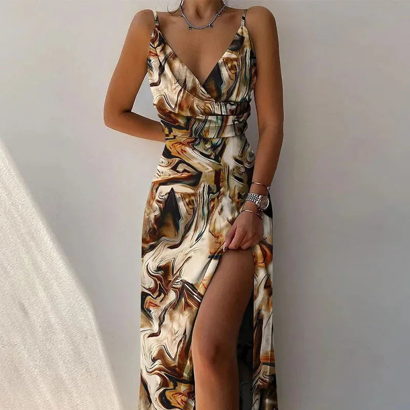 Sexy Deep V Neck Paghetti Strap High Waist Dress For Women Elegant Big Hem High Split Folds Long Dresses 2024 Summer New Lady