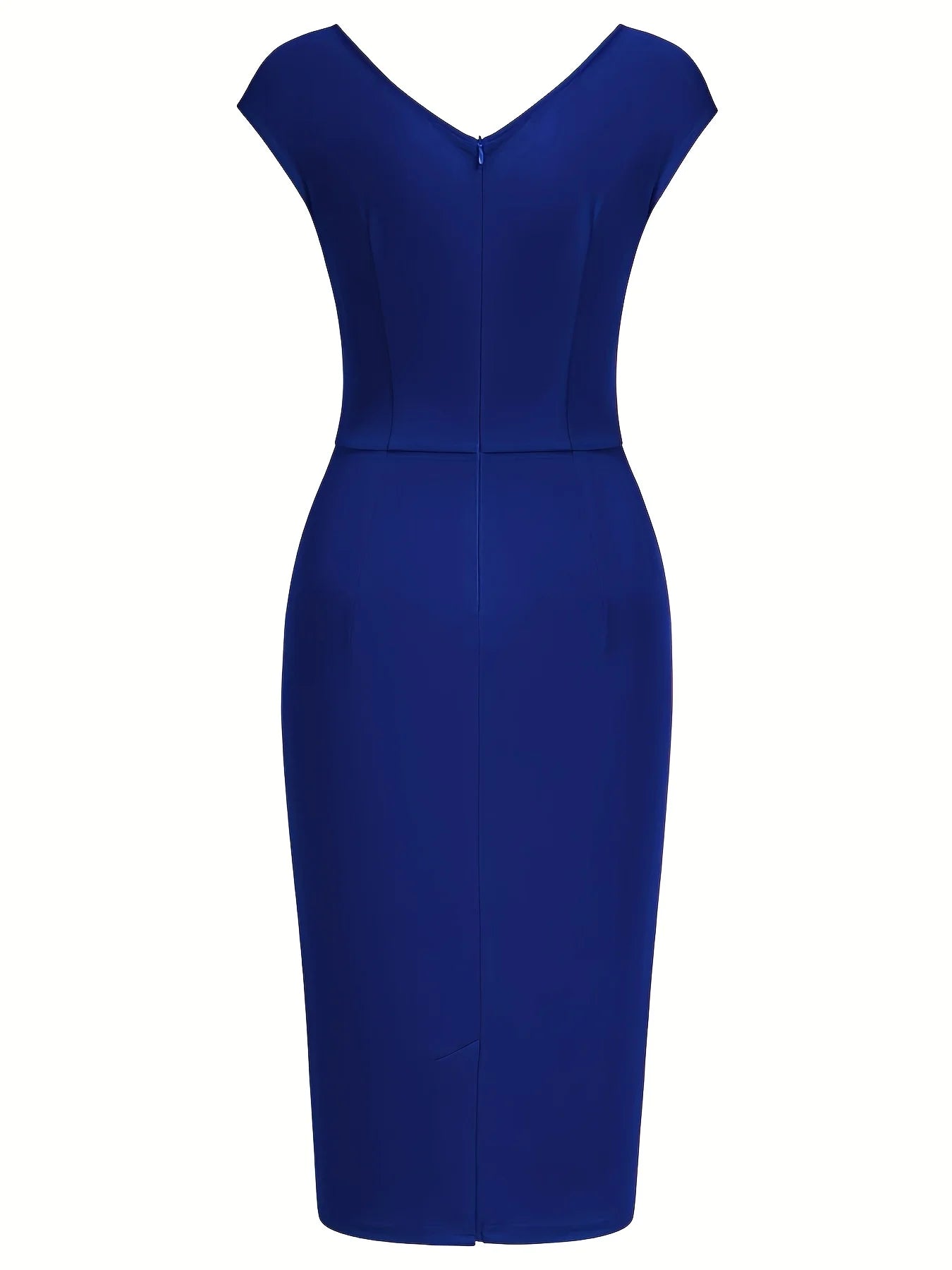 Women Elegant Cap Sleeve V-Neck Ruched Slim Knee Length Cocktail Party Wrap Sheath Bodycon Pencil Dress
