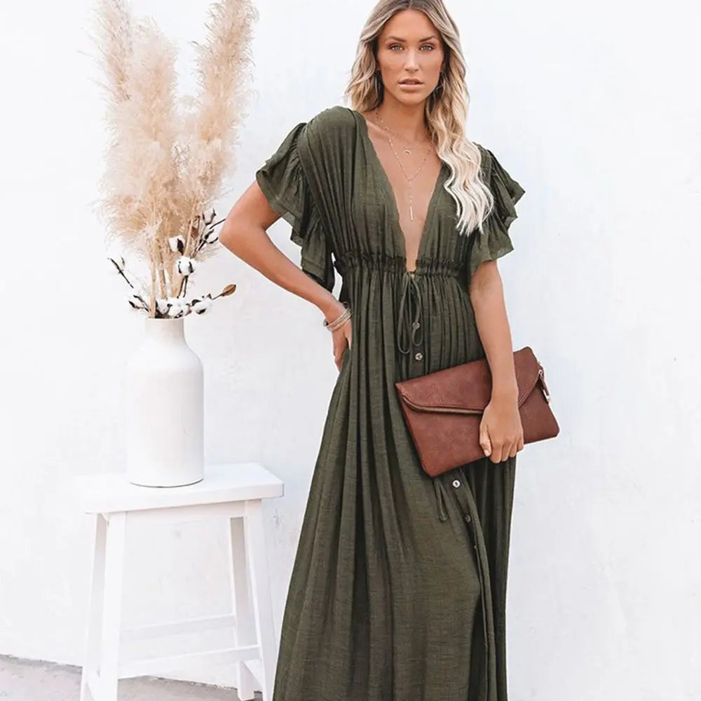 Fashion V Neck Summer Sunscreen Smock Loose Casual Beachwear Shirt Bathing Suit Long Swimsuit Cover Up Dress for Women