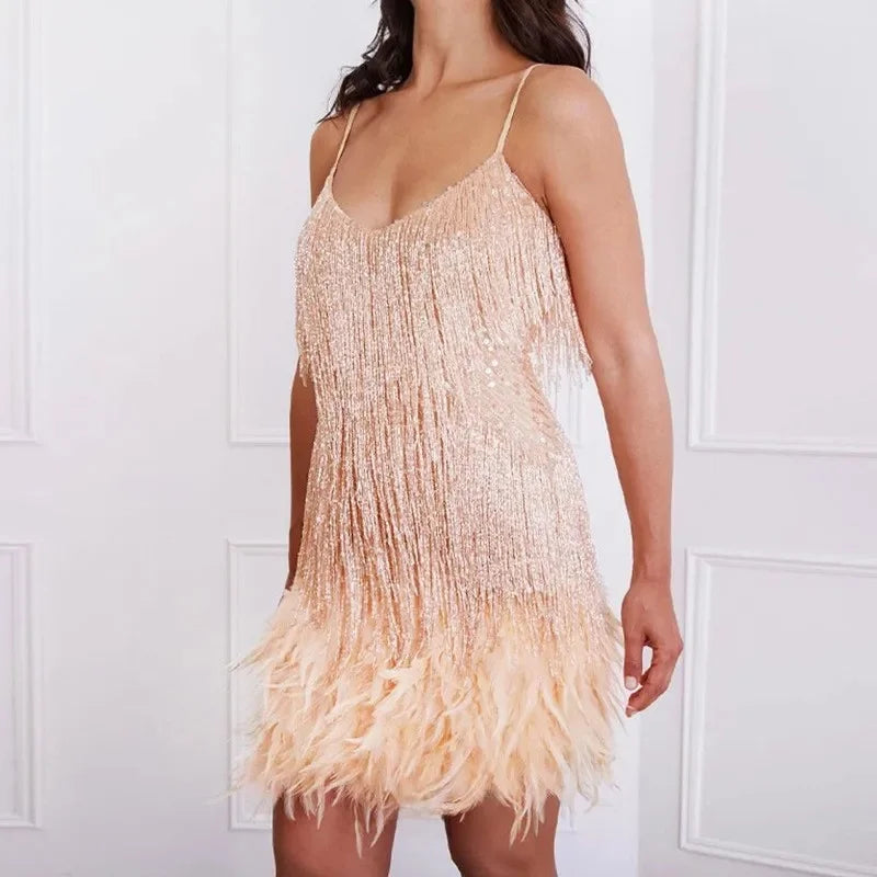 2024 Fashionable Multi-Color Fringed Sequins Tank Top Sexy V-Neck Gown Dress For Birthday Party With Feather Splice Design