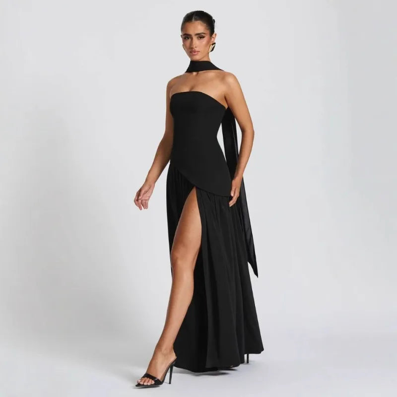 Summer Elegant Fashion Sexy Slit Backless Evening Party Ceremony Flowy Long Dresses For Women Dress With Scarf