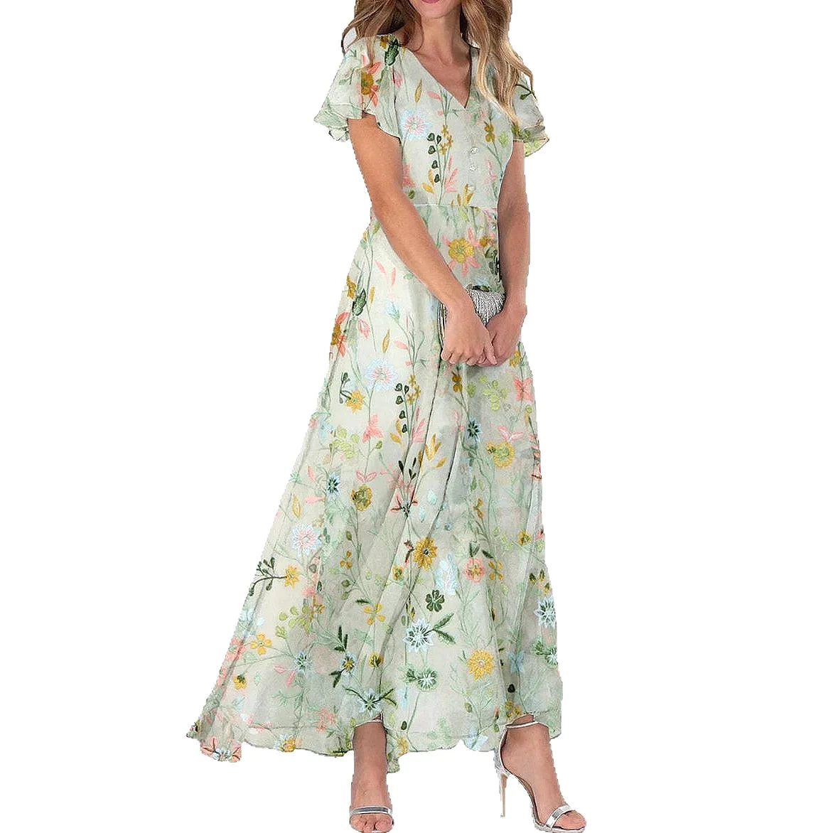 Sweet Floral Print Green Women's Summer Long Dress V-Neck Short Sleeve Sundress High-Waist Hem Maxi Dresses Female Vestidos