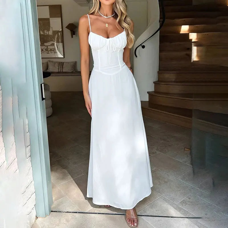2026 Women Elegant Spaghetti Strap Camisole Sleeveless Lace Up Long Dress for Summer Casual Party and Beach Vacation