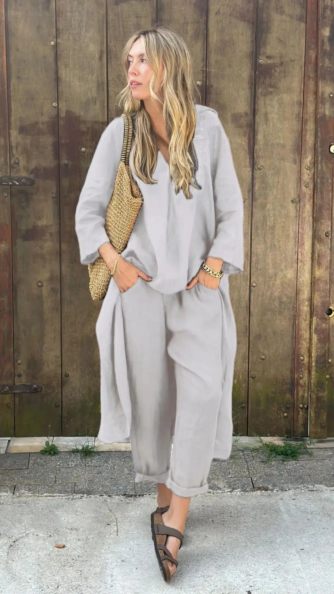 2025 Summer Fashion New Women's Cotton and Hemp Set Loose V-neck Long Top High Waist Wide Leg Pants Two Piece Set