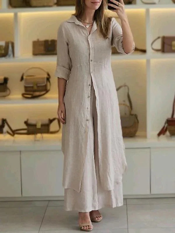 2024 New Product Women's Summer And Autumn Urban Elegant Cotton Hemp Slimming Waist Long Shirt Wide Leg Pants Two Piece Set