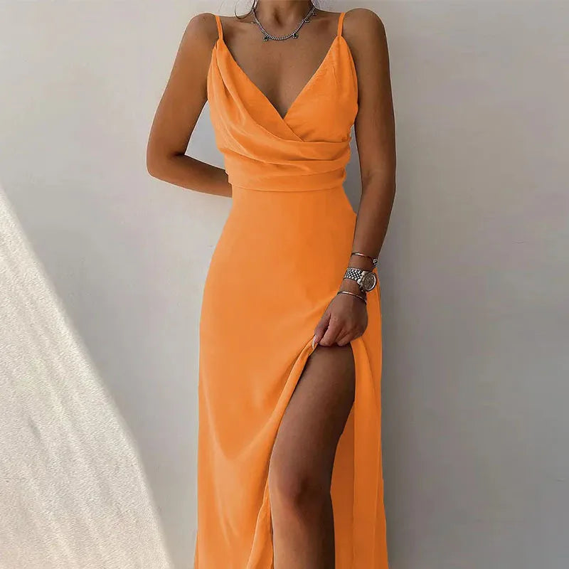 Sexy Deep V Neck Paghetti Strap High Waist Dress For Women Elegant Big Hem High Split Folds Long Dresses 2024 Summer New Lady