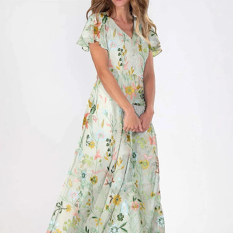 Sweet Floral Print Green Women's Summer Long Dress V-Neck Short Sleeve Sundress High-Waist Hem Maxi Dresses Female Vestidos