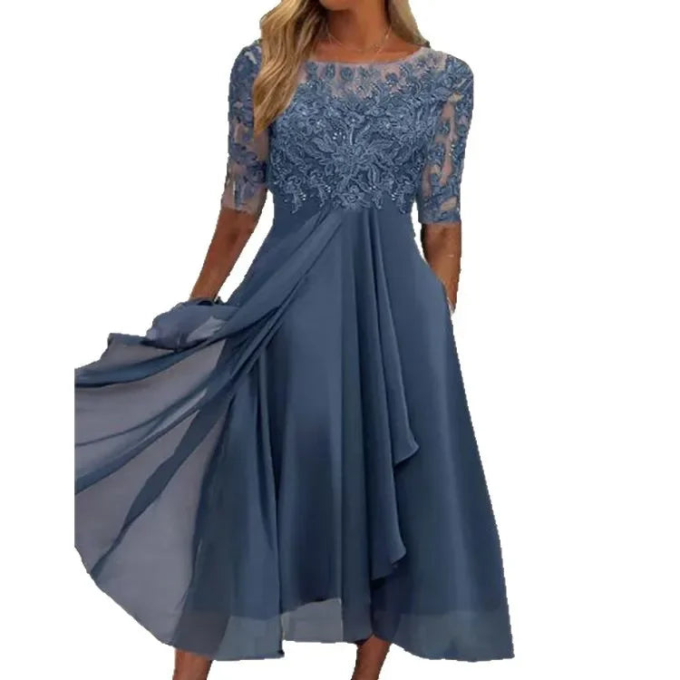 Womens Dresses Romantic Simple Dress With Chiffon Patchwork Lace Hollow Out Long Dress Bridesmaid Evening Dress Women's Wear