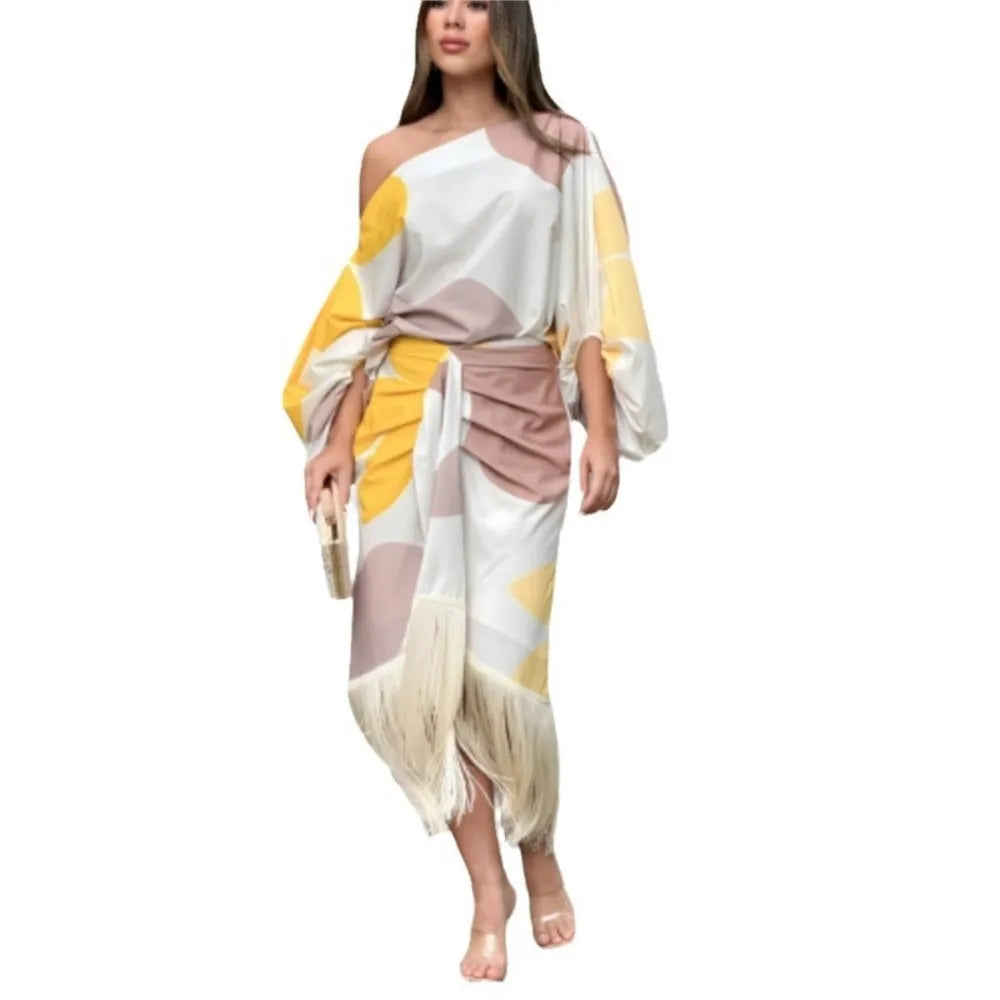 Fashionable Fringed Printed Women Skirt Two-piece Set Spring Autumn Elegant Slanted Collar Mid Length Sleeve Women's Skirt Set