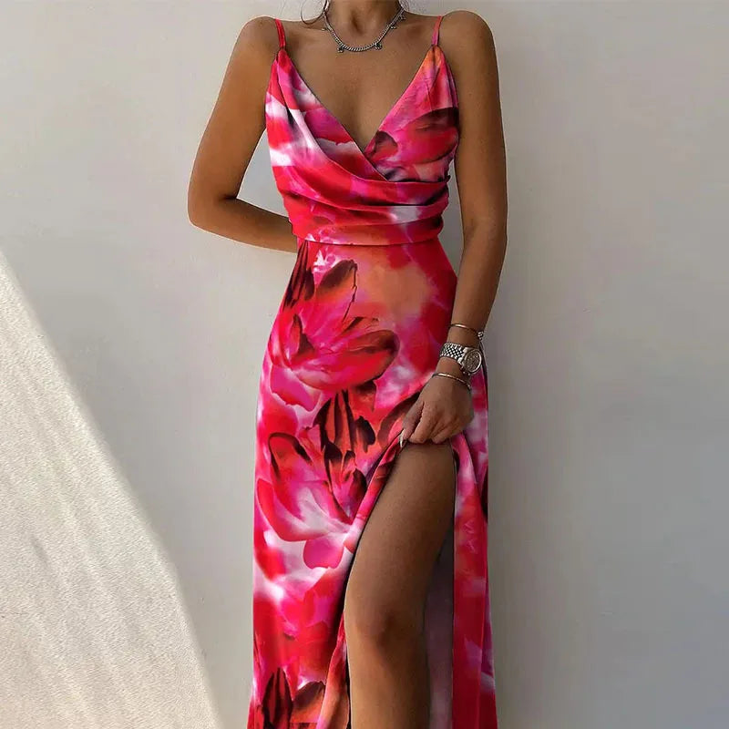 Sexy Deep V Neck Paghetti Strap High Waist Dress For Women Elegant Big Hem High Split Folds Long Dresses 2024 Summer New Lady