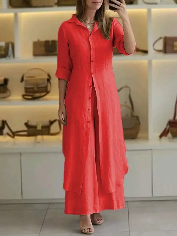 2024 New Product Women's Summer And Autumn Urban Elegant Cotton Hemp Slimming Waist Long Shirt Wide Leg Pants Two Piece Set