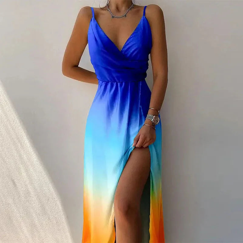 Sexy Deep V Neck Paghetti Strap High Waist Dress For Women Elegant Big Hem High Split Folds Long Dresses 2024 Summer New Lady