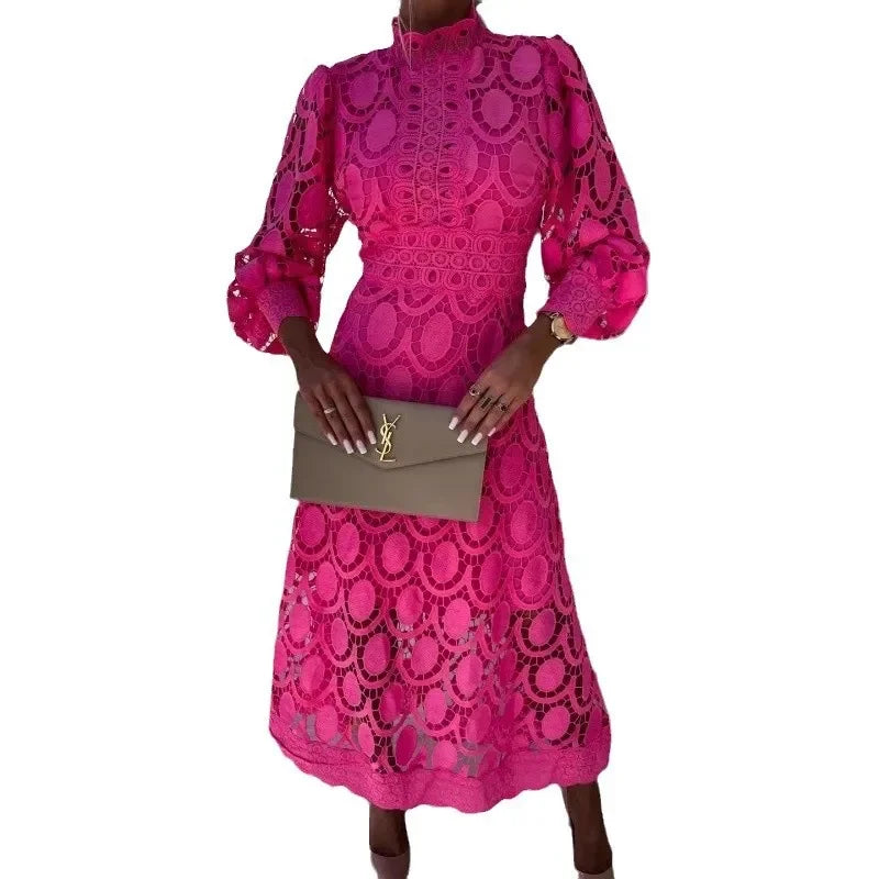 Slimming Long Dress Hot Sale Of The Season New Lace Stand Collar Splice Ruffle Bubble Sleeve Gathered Waist Big Skirt A- Line Mi