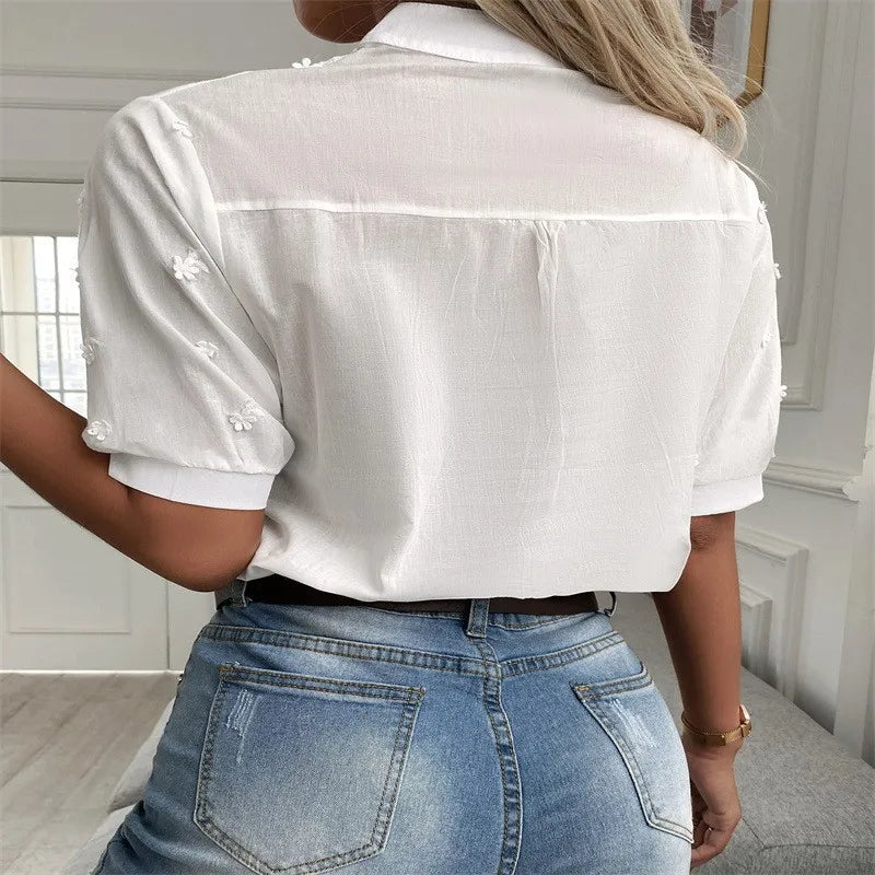 2026 Summer Women's Elegant Short Sleeve White Blouse - Vintage Cotton Crochet Hollow Out Embroidery Tops Fashion