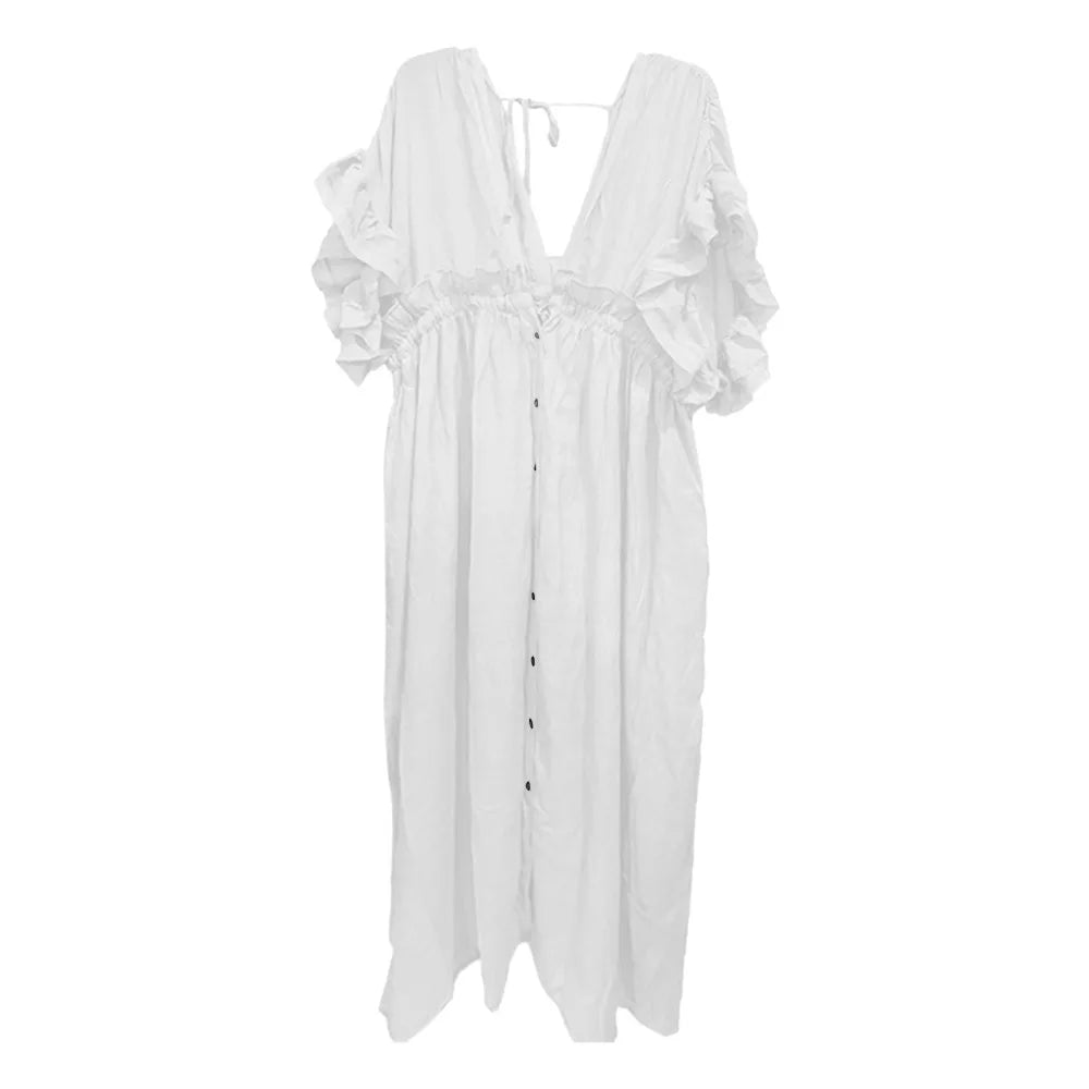 Fashion V Neck Summer Sunscreen Smock Loose Casual Beachwear Shirt Bathing Suit Long Swimsuit Cover Up Dress for Women