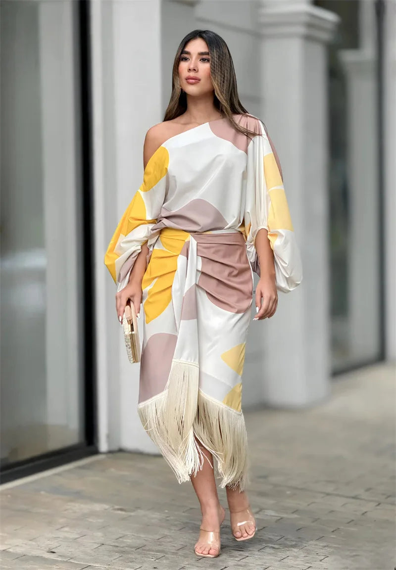 Fashionable Fringed Printed Women Skirt Two-piece Set Spring Autumn Elegant Slanted Collar Mid Length Sleeve Women's Skirt Set