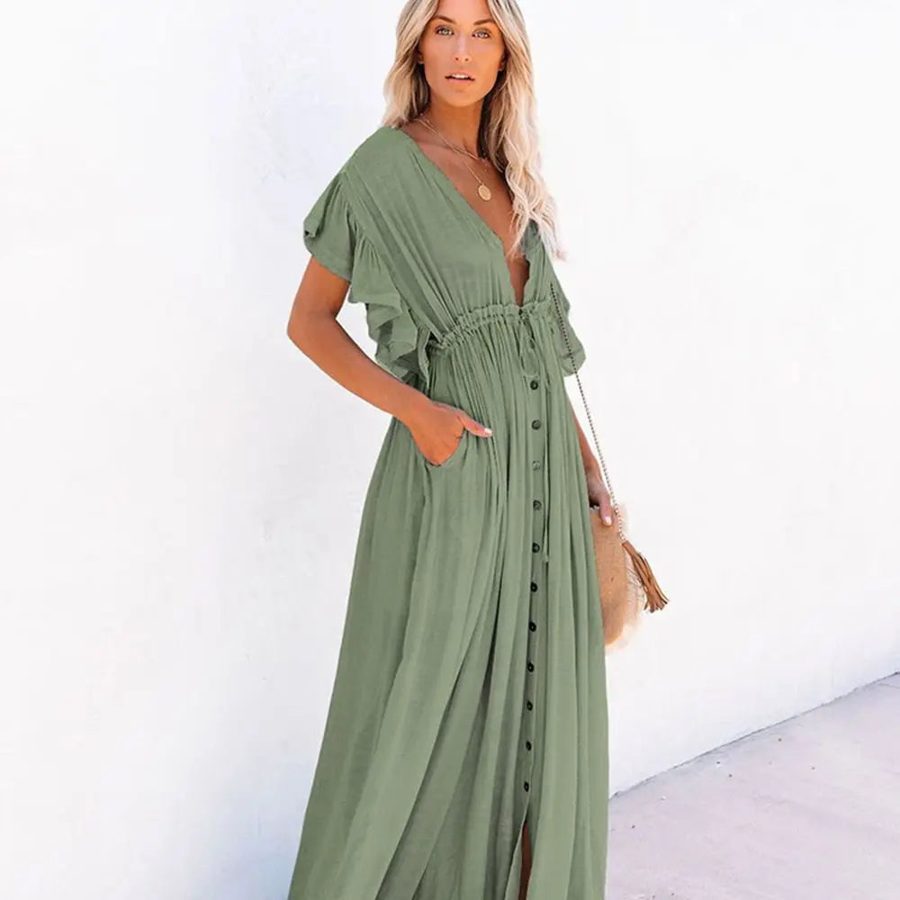 Fashion V Neck Summer Sunscreen Smock Loose Casual Beachwear Shirt Bathing Suit Long Swimsuit Cover Up Dress for Women