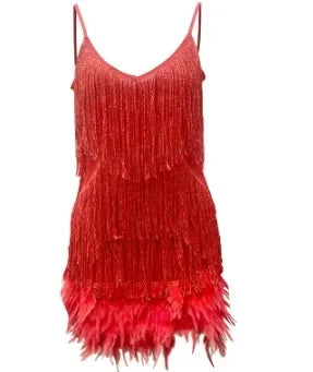 2024 Fashionable Multi-Color Fringed Sequins Tank Top Sexy V-Neck Gown Dress For Birthday Party With Feather Splice Design