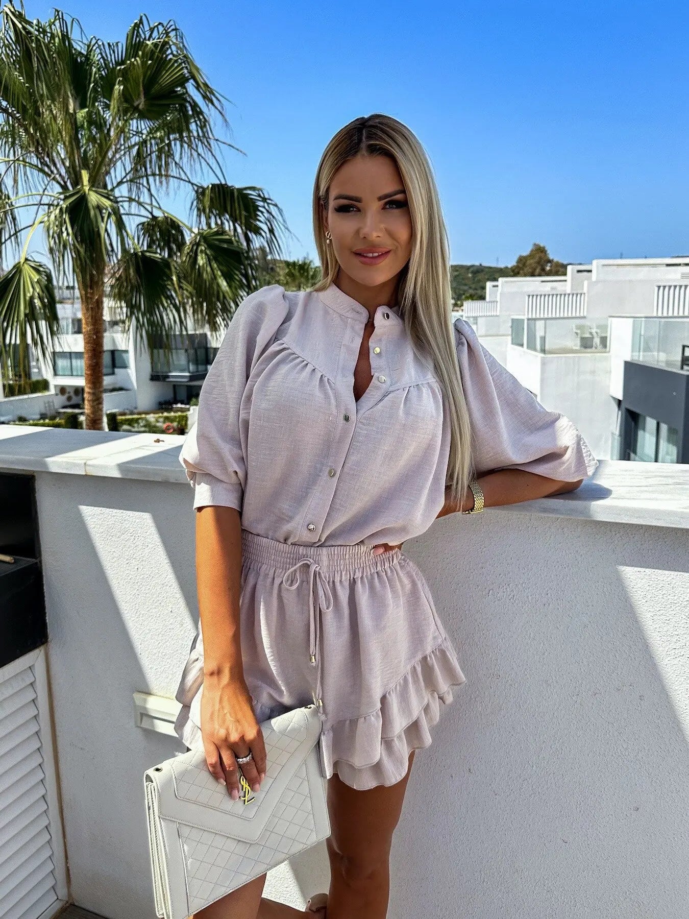 Women New Button Long Sleeve Shirts Top&Drawstring Sculottes 2 Pieces Outfits Casual Ruffles Suit V Neck Dresses Set For Women's