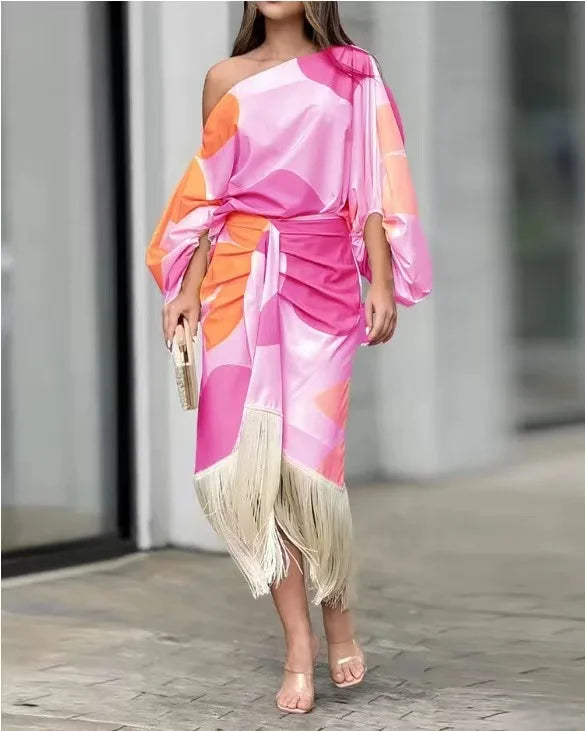 Fashionable Fringed Printed Women Skirt Two-piece Set Spring Autumn Elegant Slanted Collar Mid Length Sleeve Women's Skirt Set