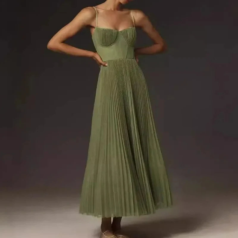 Sexy Evening Dress Women's Elegant Pleated Big Swing High Waist Suspender Long Dresses 2025 New Trendy Chic Party Cocktail Dress