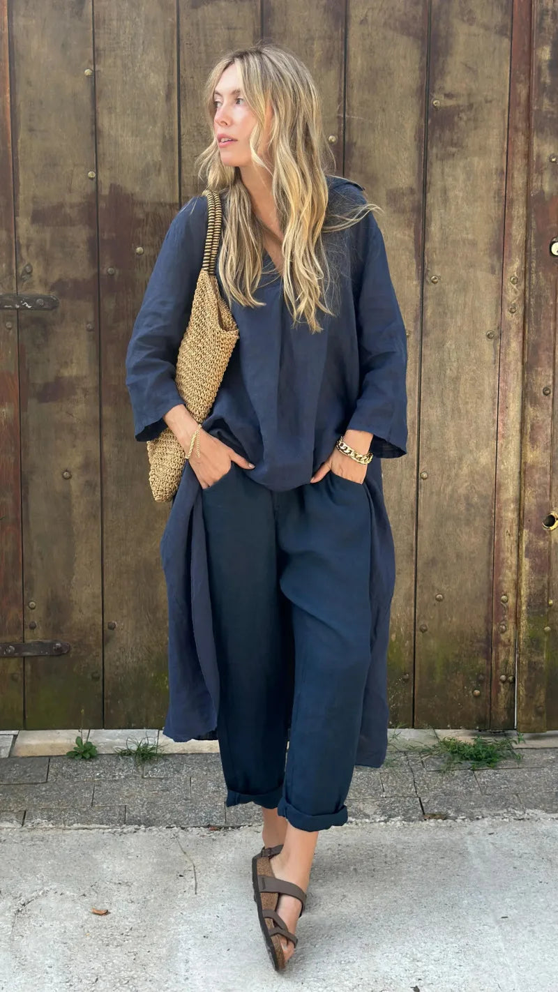 2025 Summer Fashion New Women's Cotton and Hemp Set Loose V-neck Long Top High Waist Wide Leg Pants Two Piece Set