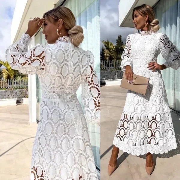 Slimming Long Dress Hot Sale Of The Season New Lace Stand Collar Splice Ruffle Bubble Sleeve Gathered Waist Big Skirt A- Line Mi