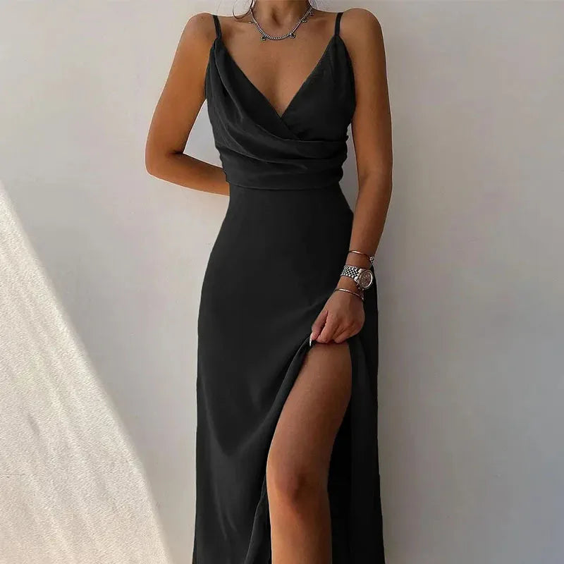 Sexy Deep V Neck Paghetti Strap High Waist Dress For Women Elegant Big Hem High Split Folds Long Dresses 2024 Summer New Lady