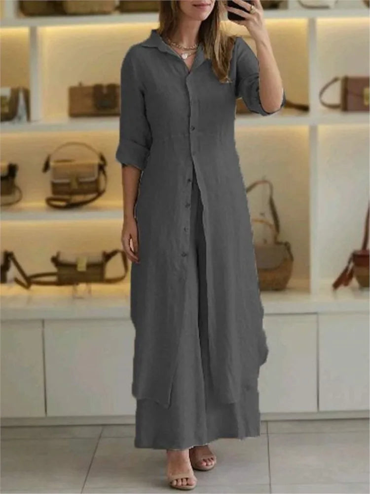 2024 New Product Women's Summer And Autumn Urban Elegant Cotton Hemp Slimming Waist Long Shirt Wide Leg Pants Two Piece Set
