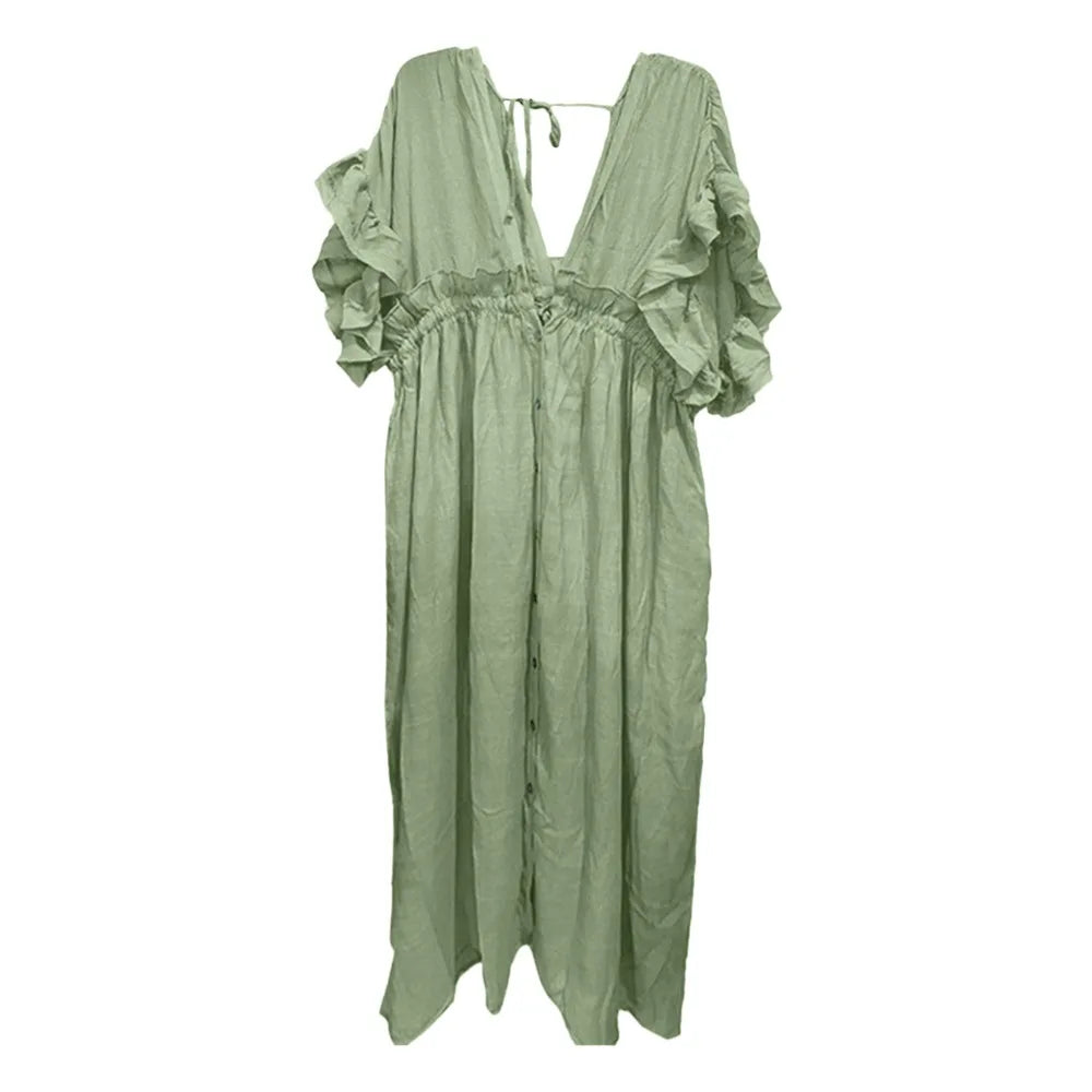 Fashion V Neck Summer Sunscreen Smock Loose Casual Beachwear Shirt Bathing Suit Long Swimsuit Cover Up Dress for Women
