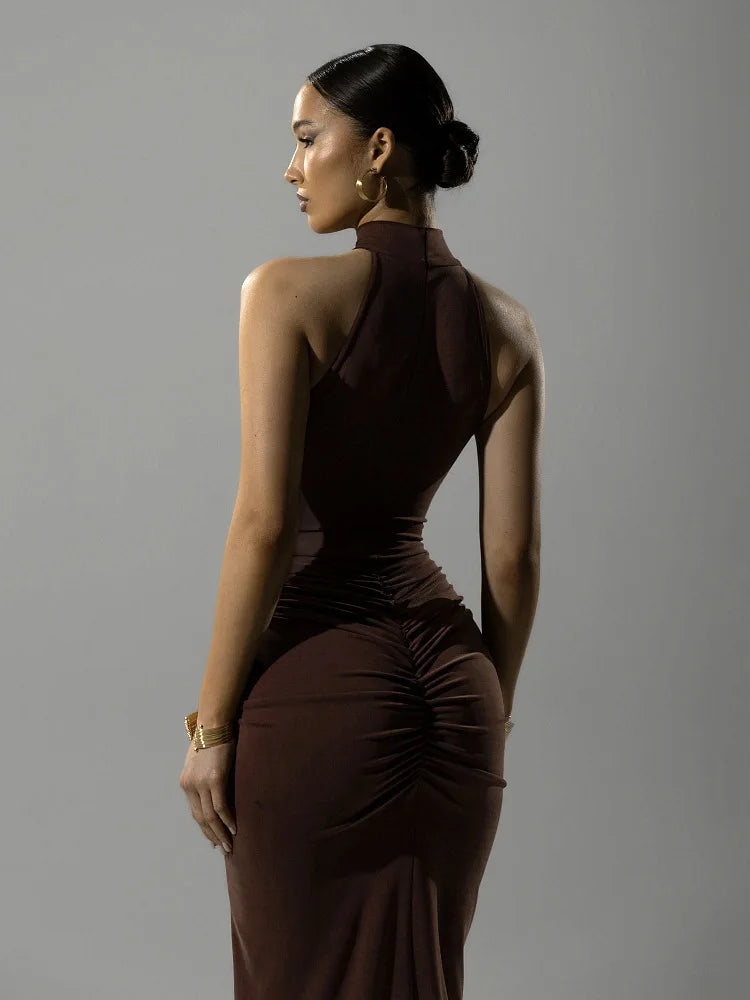 Mozision Halter Ruched Sleeveless Sexy Maxi Dress Women Gown Fashion Slim High Waist Evening Club Party Split Long Dress
