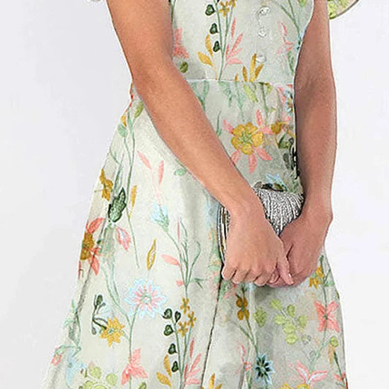 Sweet Floral Print Green Women's Summer Long Dress V-Neck Short Sleeve Sundress High-Waist Hem Maxi Dresses Female Vestidos