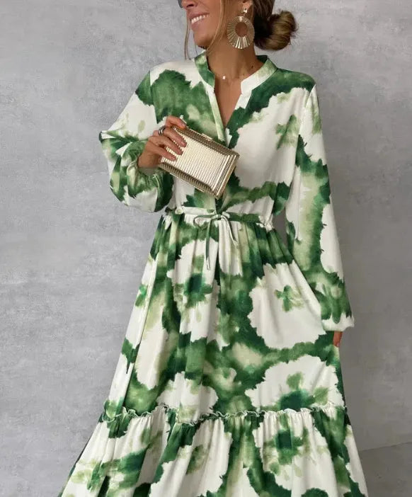 2024 Summer Elegant Women Maxi Dresses Fashion Green Print Long Sleeve V Neck Waist Adjustment Long Dress Female Party Vestido
