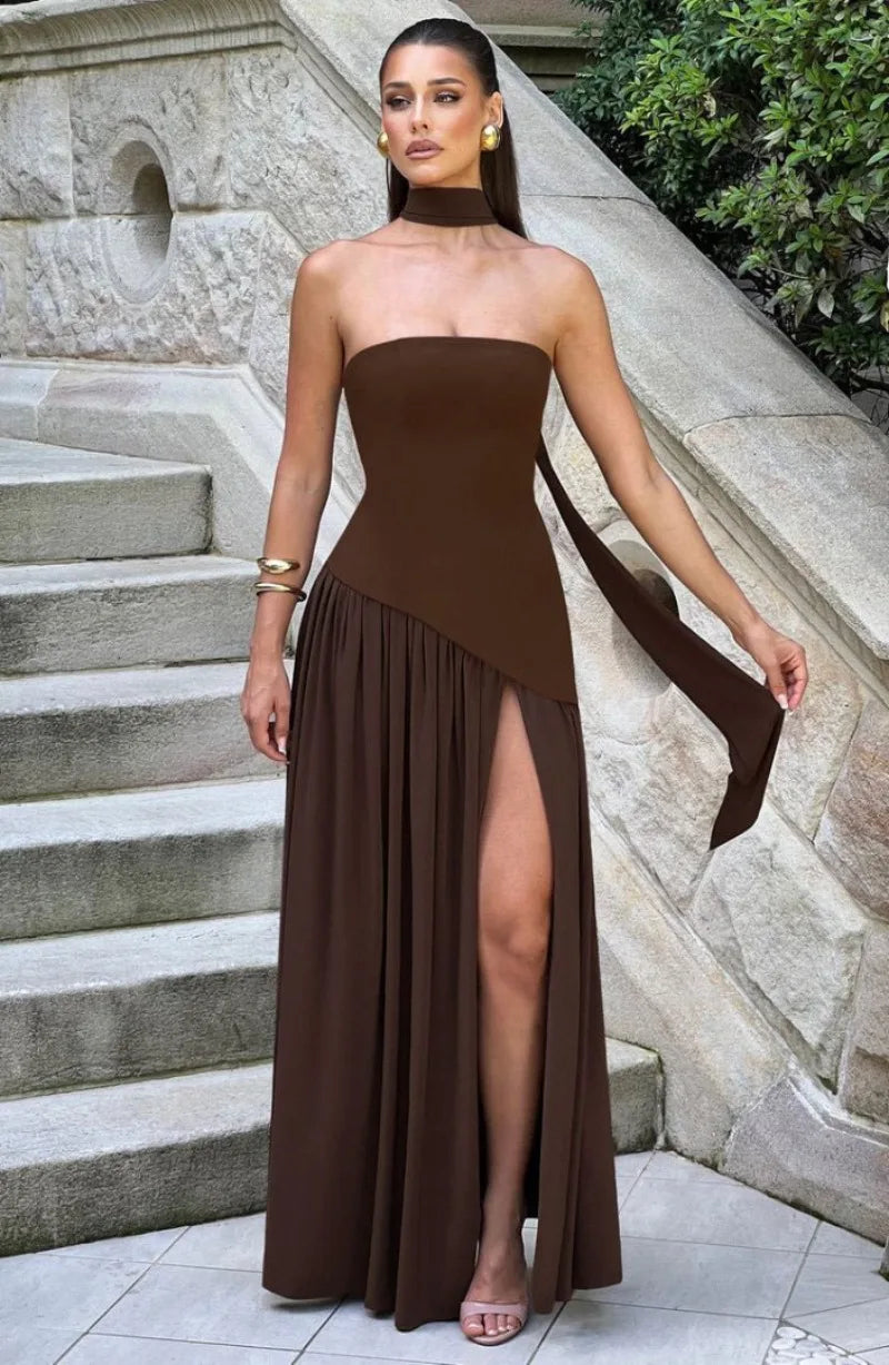 Summer Elegant Fashion Sexy Slit Backless Evening Party Ceremony Flowy Long Dresses For Women Dress With Scarf